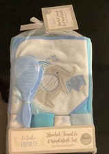 le bebe Embroidered Blue ELEPHANT Hooded Towel 4 Washcloths Brush Comb