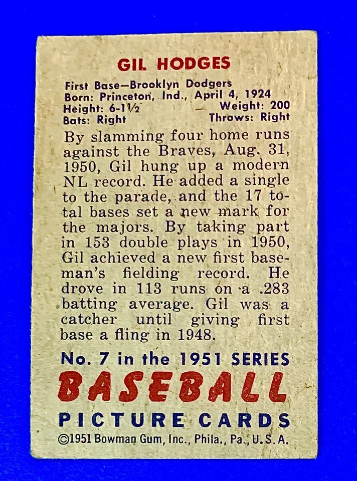 1951 Bowman #7 Gil Hodges Brooklyn Dodgers Vintage VG HOF - Image 3 of 3