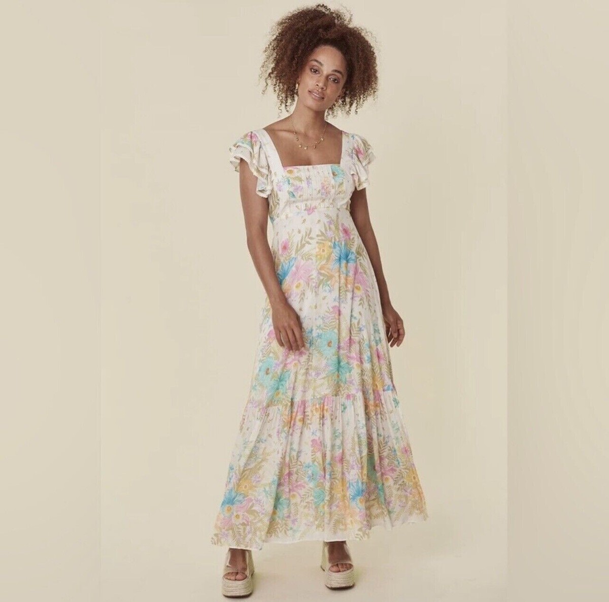 SPELL GYPSY Lei Lei Frill Dress Cream Floral Gown Womens Large