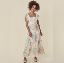 SPELL & GYPSY Lei Lei Frill Dress Cream Floral Gown Womens Large Boho Flowy Maxi