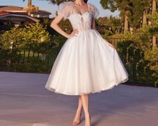 Vintage Short Wedding Dresses Tea Length Reception Gown Sleeves White Dress