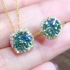 2pc Jewelry Set Round Blue Green Simulated Moissanite Gold Women Necklace Ring