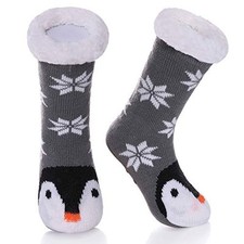 Kids Boys Girls Slipper Socks Cute Animal Fuzzy Winter 5-8 Year Old Penguin