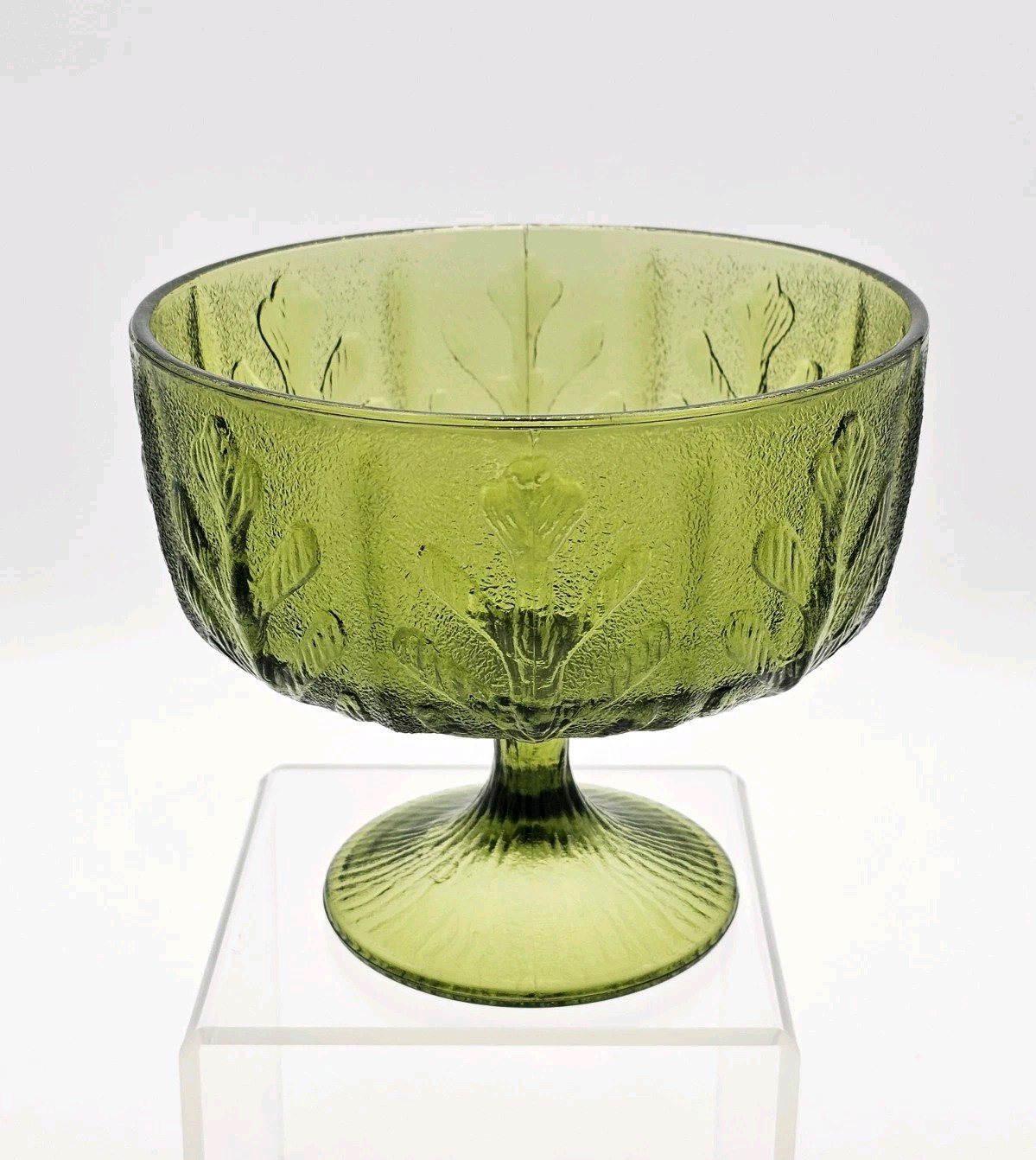 Vintage 1975 FTD Pedestal Planter Vase Bowl Candy Dish Green Glass Oak Leaf