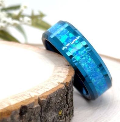 Blue Opal Inlay Comfort Fit Ring 8mm Blue Tungsten Christmas Gifts Ring For Him