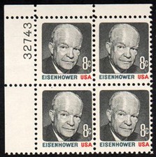 U.S. Stamp, Scott #1394, 8¢ Dwight D. Eisenhower, 1971, Plate Block of 4, MNH/FV