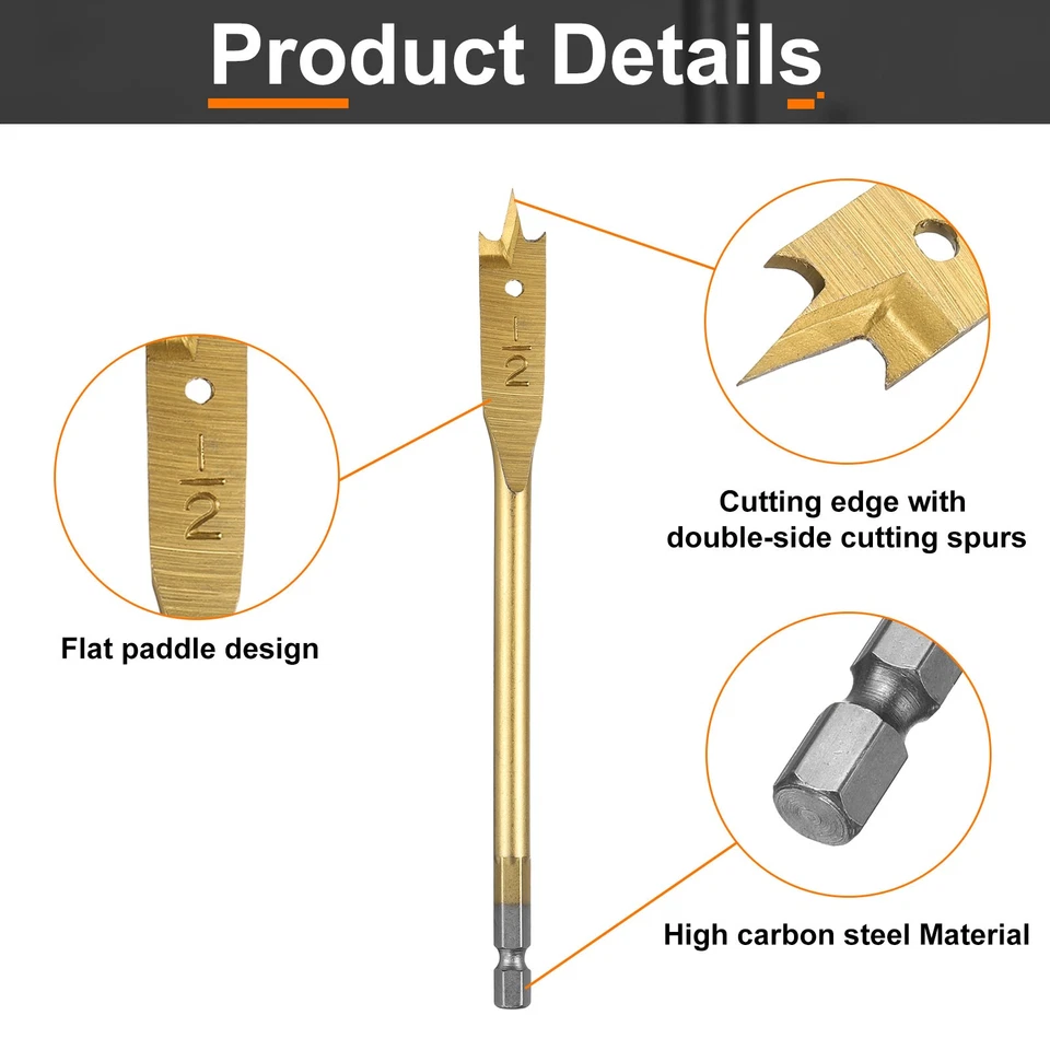 Broca de pala 3 piezas brocas planas de paleta de 1/2" cortador de agujeros de madera tono dorado Foto 4 de 4