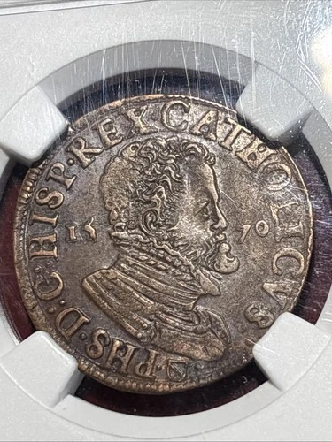 1570 Spanish Netherlands Jeton Philip II & Isabella Ngc Au55 Choice Early Copper