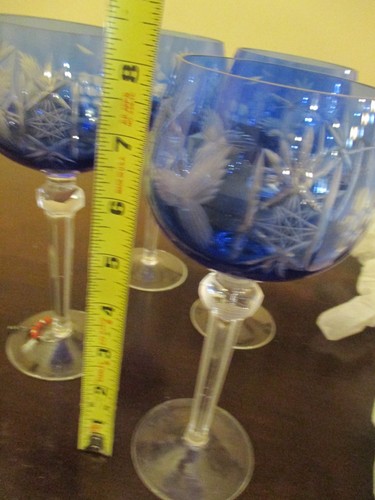 Vtg Blue Cut To Clear Crystal Wine Goblet Glass 8 1/4" SET of 4 - Picture 9 of 9