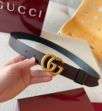 New Women Gucci Calfskin Leather Belt Black/Brown Reversible Gold GG Buckle 30mm