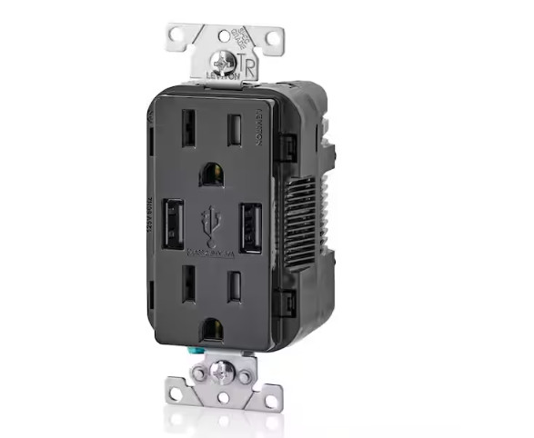 Leviton Decora 3.6A 15 Amp Duplex Outlet with USB-A Ports Black T5632-BE NEW