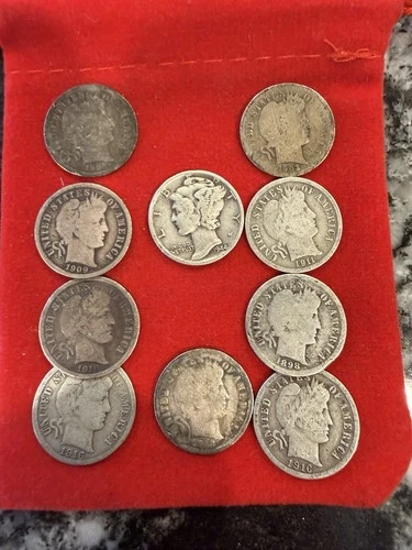 $1.00 Face Value Ag silver Coins 9 Barber dimes 1 Mercury 10c Raw Lot Of 10