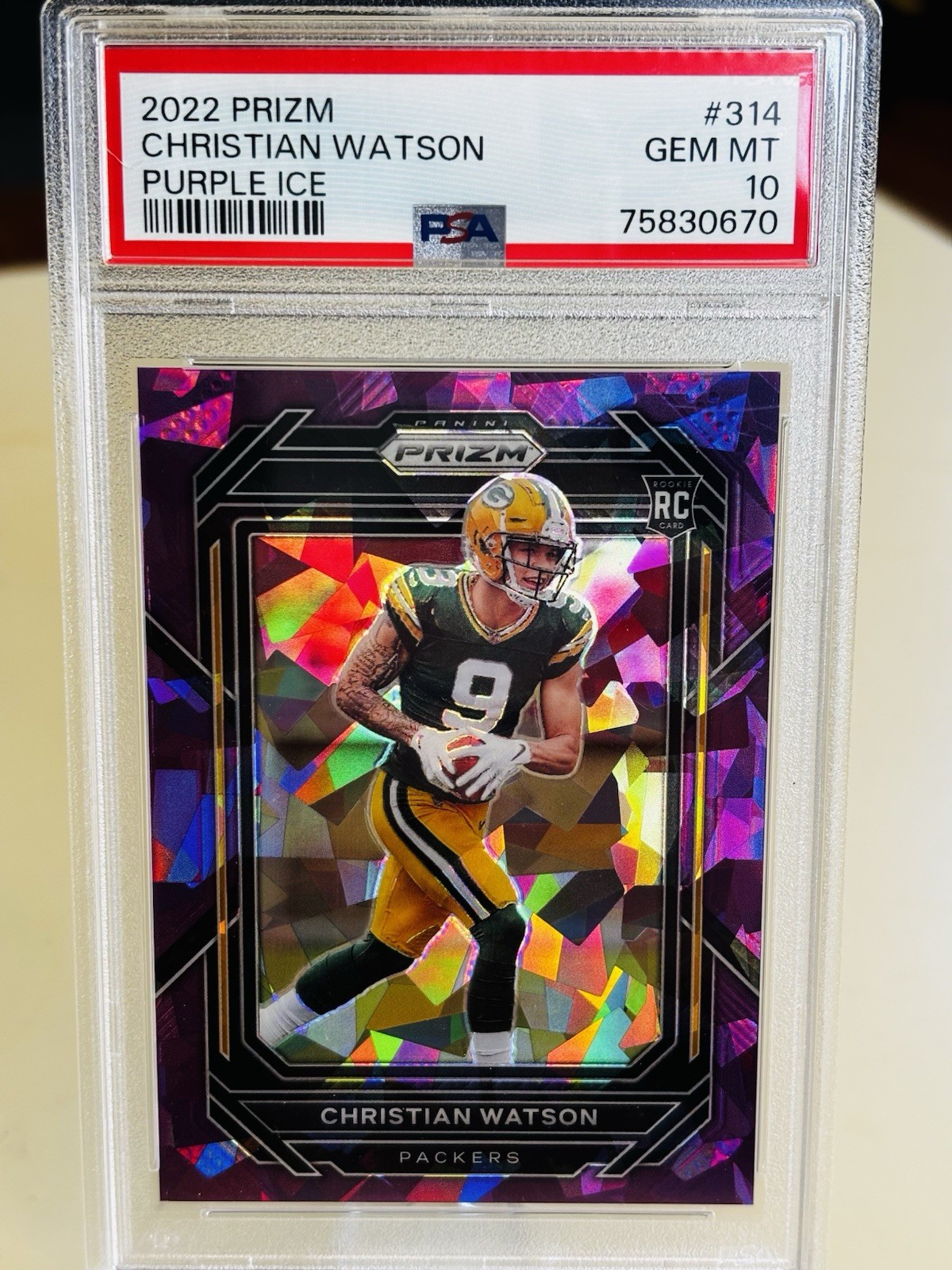 2022 Panini Prizm - Christian Watson #314 Purple Ice Prizm /225 (RC) PSA 10