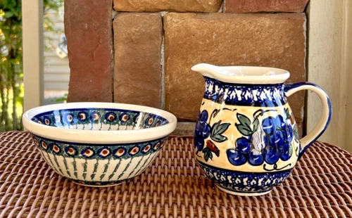 Polish Pottery Bowl & Creamer Jug Pitcher Lot Small UNMATCHED Hand Made Poland