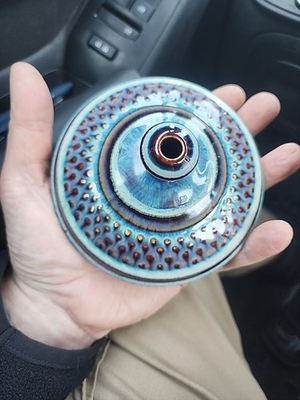 #ad Bill Campbell Oil Lamp Blue Brown Drip Glaze Peacock Signed Studio Pottery $30.00