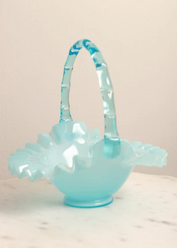 FENTON GLASS  HANDLED RUFFLED BASKET  Blue Aqua Blue-green