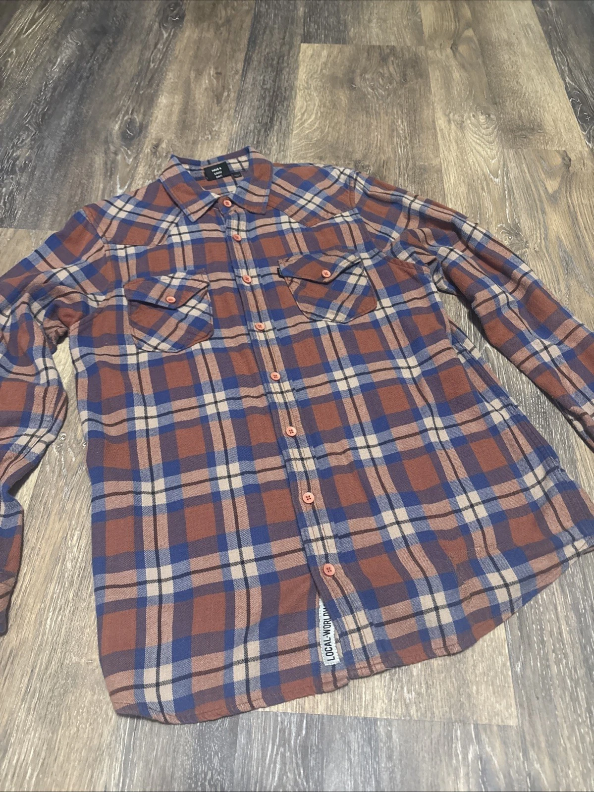 KAVU Shirt Mens Medium Orange/Blue Plaid Long Sleeve Button Up Flannel Outdoor