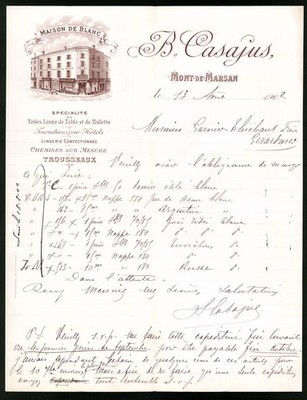 Invoice Mont-de-Marsan 1902, Maison de Blanc, B. Casajus, view of the hotel 