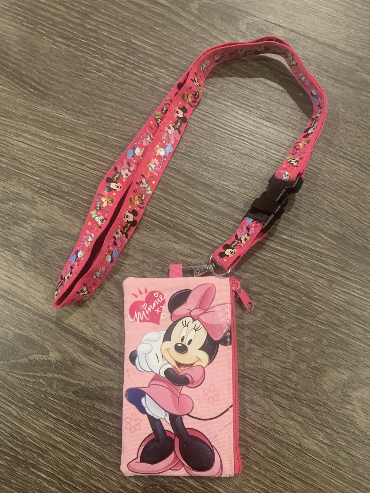 Disney Minnie Mouse Lanyard & Pink Zipper Pouch ID Credit Card Wallet EUC