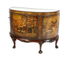 Antique Demilune Chest, Paint Decorated Scenes, Clad Leather, Brass Hand., 1800s
