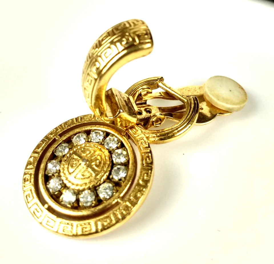 Vtg Premier Designs Greek Key Clip On Gold Tone 2 In 1 Rhinestone Earrings - Image 4 of 4