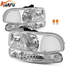 4Pcs For 1999-2006 GMC Sierra/ 00-06 Yukon Chrome Headlights w/ Bumper Lamps