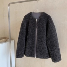 Cappotto donna vera 100% lana pelliccia di agnello shearling cerniera giacche soprabito girocollo