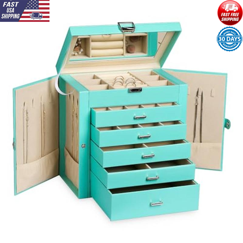 6-Tier Jewelry Box PU Leather Organizer W/ Mirror & 5 Drawers Storage Case New