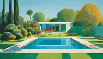 Glas Pool Outdoor Stil Naive Malerei XXL  140x90 cm Leinwand/Pop Art/Ferien Loft