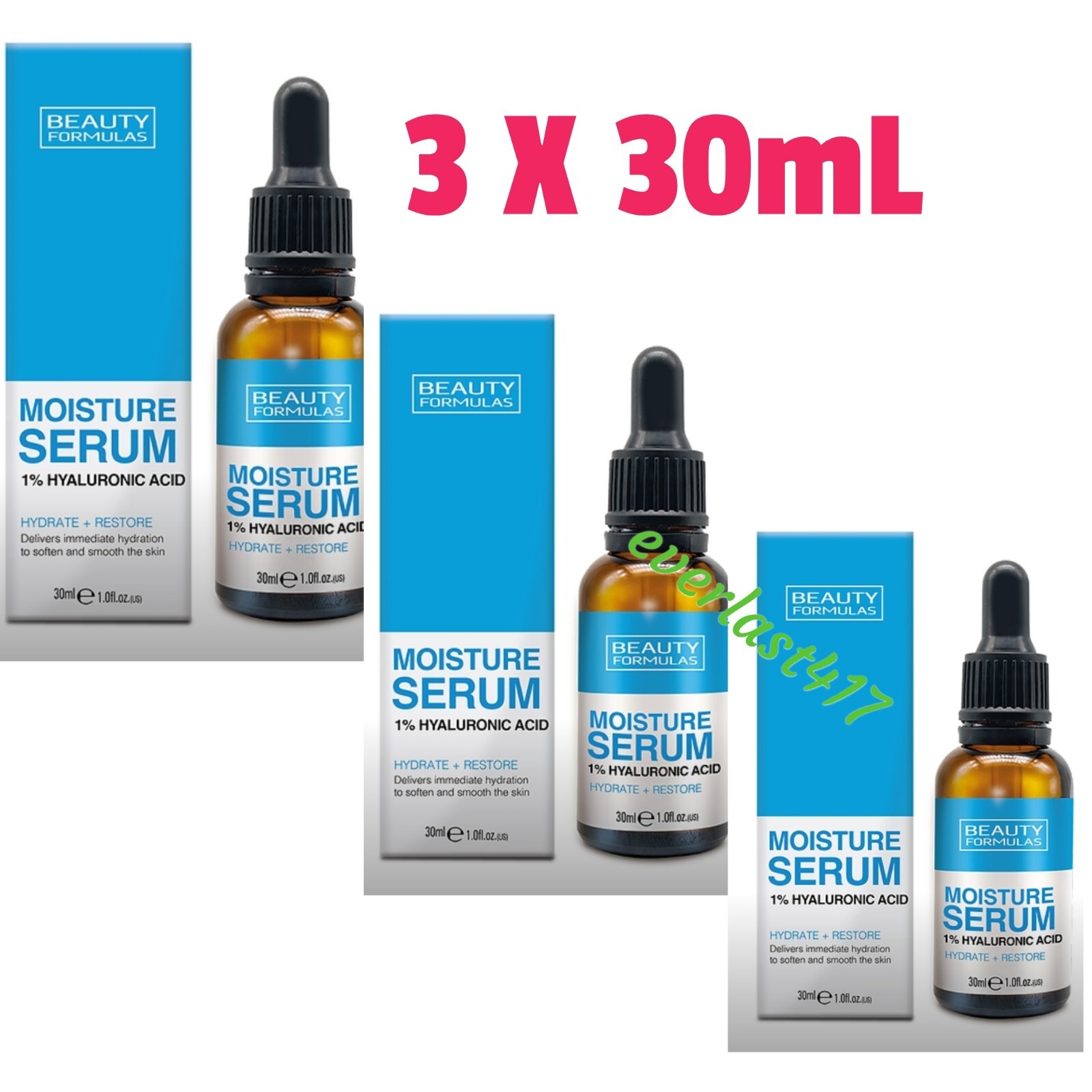Beauty Formulas Moisture Serum 1% Hyaluronic Acid Hydrate & Restore 3x 30mL