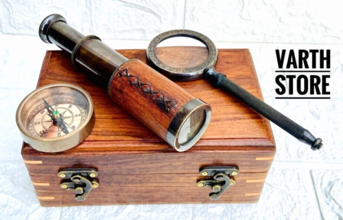 Nautical Gift Box Antique Brass Telescope with Magnifier Compass Set Gift - Afbeelding 1 van 10