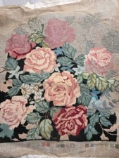 Rose Floral Needlepoint Canvas Hand Stitched Almost Complete 12" x 13"