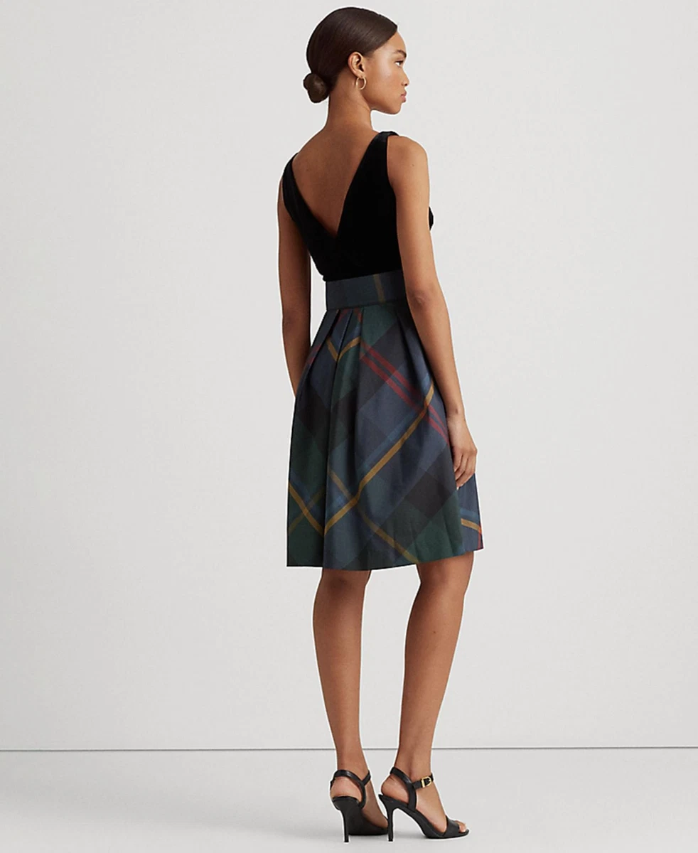 Lauren Ralph Lauren Womens Plaid Velvet Taffeta Belted Dress Deep