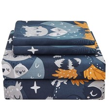 JSD Navy Blue Owl Kids Sheet Set Full Size, 4 Piece Forest Animals Printed Mi...