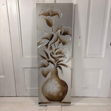 Large 3D Floral Canvas Wall Art Calla Lily Vase Neutral Brown Silver Textured