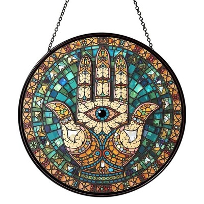 Hamsa Hand Stained Glass Window Hanging Hand of Fatima Sun Catcher Decor Prot...