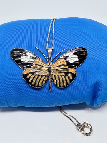 Vintage Sterling & Enameled Monarch Butterfly Pendant & Sterling Italy Necklace