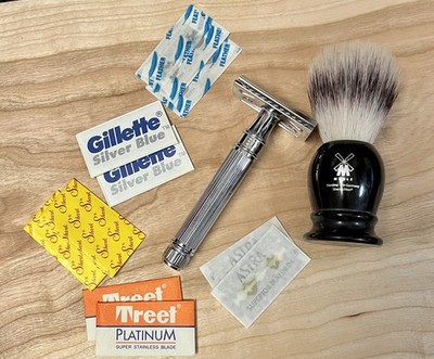 Edwin Jagger DE89 Lined Chrome Safety Razor + Muhle Brush + Blades!