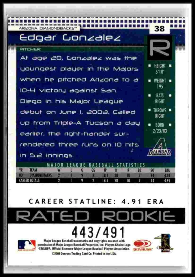 2004 Donruss #38 Edgar Gonzalez Stat Line Career #/491 - Image 2 of 2