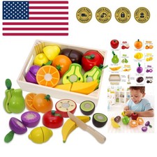 Wooden Play Food for Kids Kitchen Cutting Fruits Toys for Toddlers Pretend Ve...