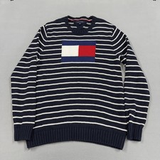 Tommy Hilfiger Sweater Mens XL Blue Stripe Crewneck Knit Pullover Flag Logo