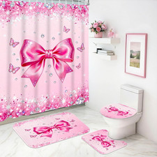 4Pcs Pink Shower Curtain Set with Bow Non Slip Rugs,Toilet Lid Cover and Bath Ma