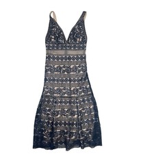 Tadashi Shoji Dress 8 Black Lace Sequin V-Neck Midi Spring Wedding Guest Floral