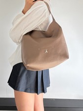 Patrizia Pepe Taupe Leather Hobo Shoulder Bag Detachable Strap Silver Hardware