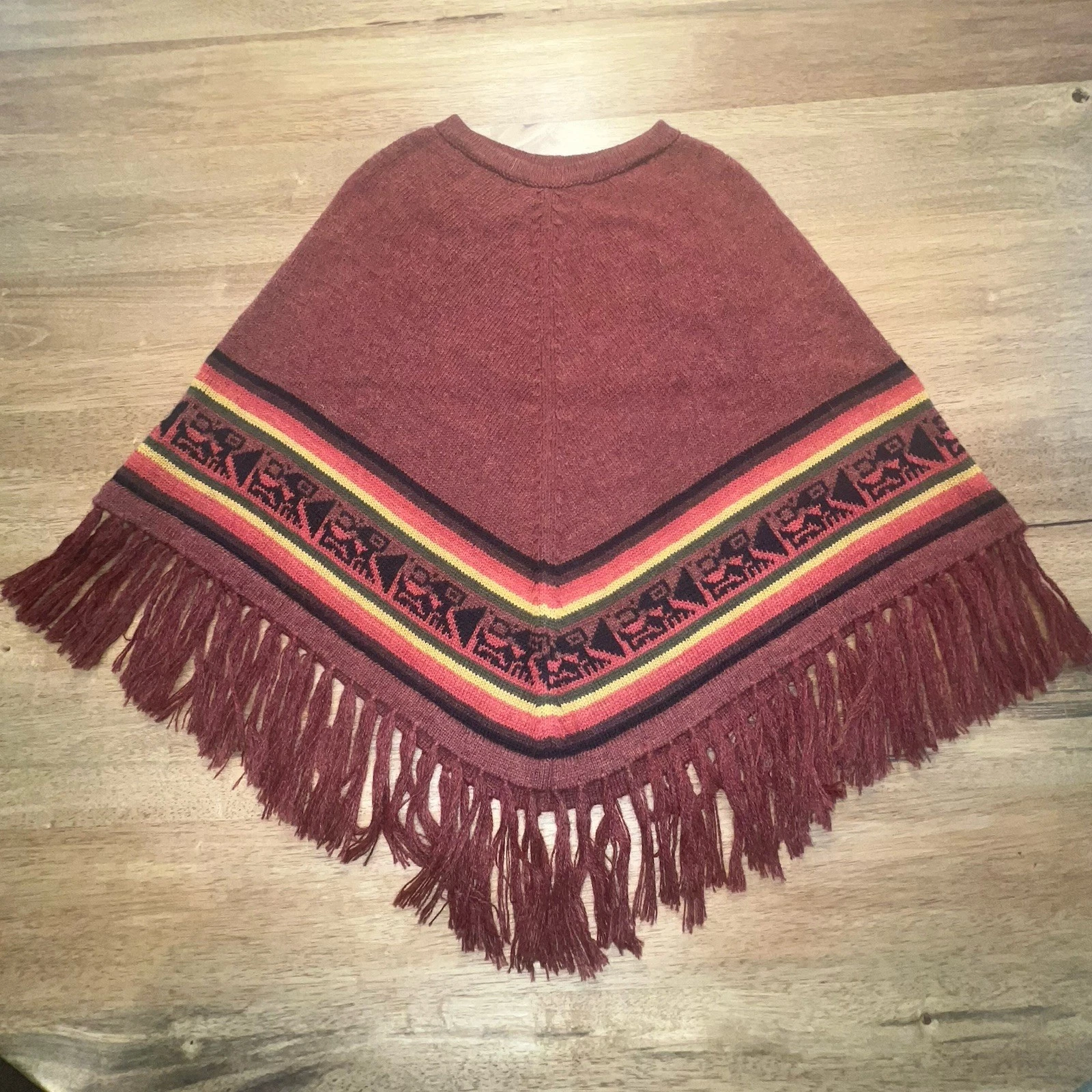 Alpaca 100% Womens OS Poncho Rust Red Aztec Soft Tassel Fringe Boho Shawl Cape