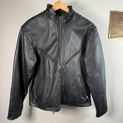 Womens Black Leather Biker Jacket Braided Western Trim Lace Up Back Size L