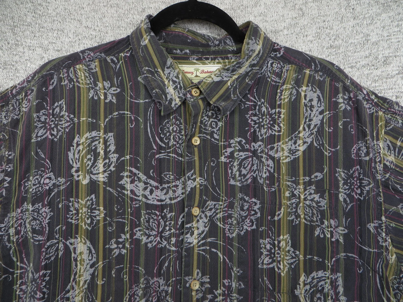 Tommy Bahama Shirt Mens XL Gray Green Striped Floral Paisley TENCEL Button Up