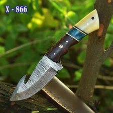 Handmade Forged Gut-Hook Fixed Blade Skinning Knife Camel Bone Wood Resin Handle