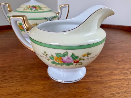 Vtg Meito China Japan Sugar Bowl & Creamer Set ~ Green Rim, Gold Trim & Florals - Picture 8 of 12