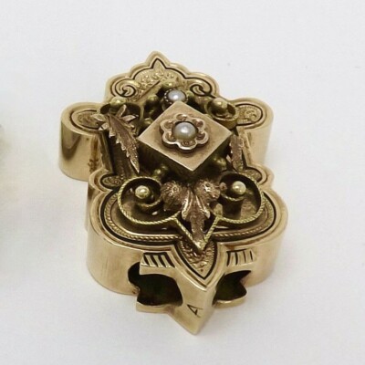 Victorian Solid 14K Gold Seed Pearl Slide Bracelet Charm Pocket 
